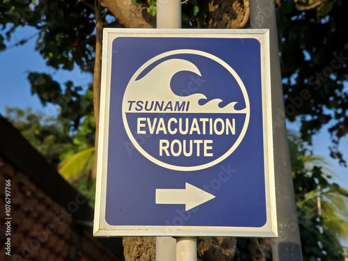 Tsunami warning signs and evacuation instructions in the event of a disaster. photo