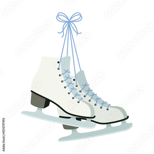 Female ice skates hanging on laces with bow isolated on white background. Winter sport equipment. Christmas time. Vector illustration