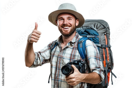 Happy Male Tourist with Camera Giving Thumbs Up, Isolated on White Background