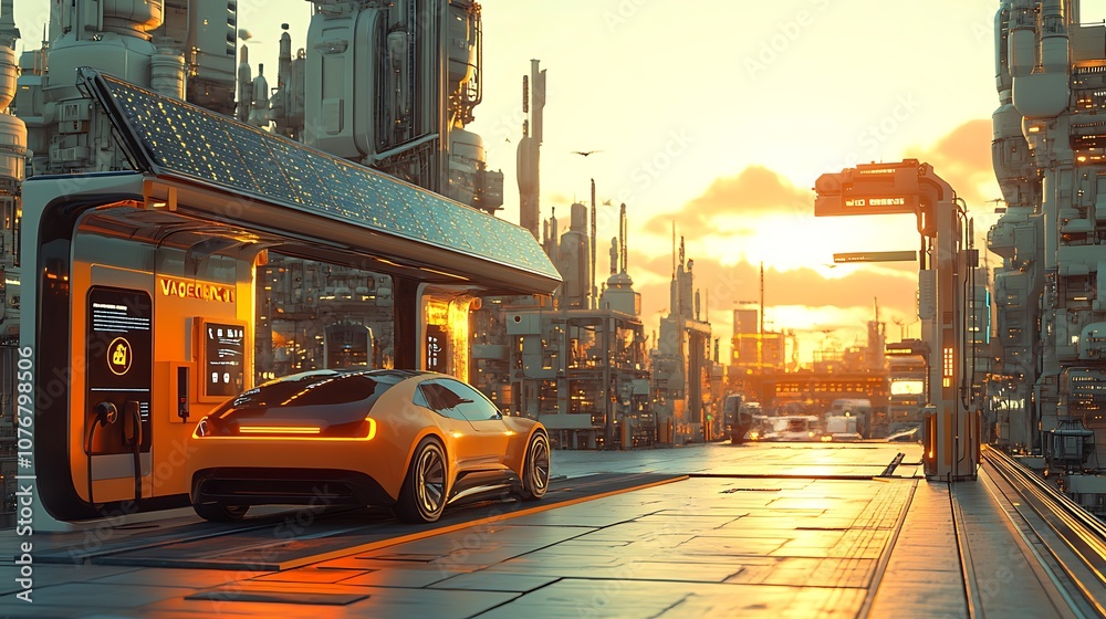 Obraz premium Solar-powered electric vehicle charging station at sunset, car plugged in, warm light reflecting off the panels and buildings, futuristic urban setting, ultra-realistic detail, hdr quality,