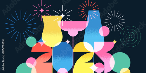 2025 New Year night party banner, poster with colorful cocktails, wine, champagne, fireworks. Vector flat illustration