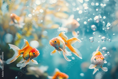 Vibrant underwater scene with colorful goldfish swimming in clear aquarium