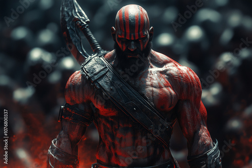 Muscular bloody barbarian warrior gladiator with a axe on black smoke background.....