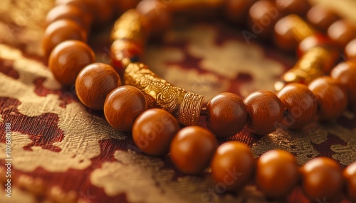 Detailed macro view of Mahayana Buddhist prayer beads made of wood photo