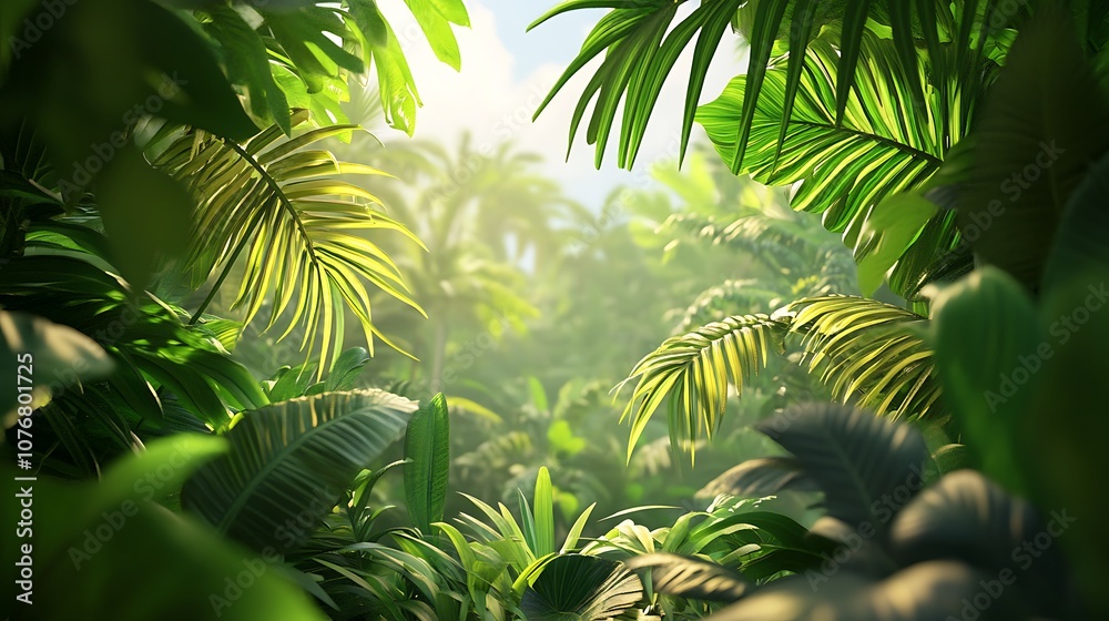 Fototapeta premium A healthy 3D green foliage framed by large tropical leaves, creating an energetic, refreshing natural scene
