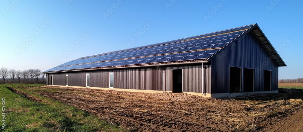 A large, modern building with solar panels on the roof, set against a clear blue sky and green grass. A large, modern building with solar panels on the roof, set against a clear blue sky and green grass.