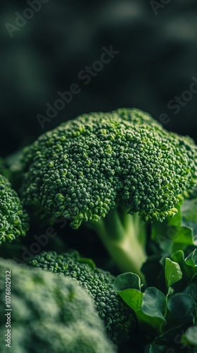 Fresh broccoli floret close-up with vibrant green color and intricate texture, showcasing its nutritious appeal against a dark background. Healthy vegetable macro. photo