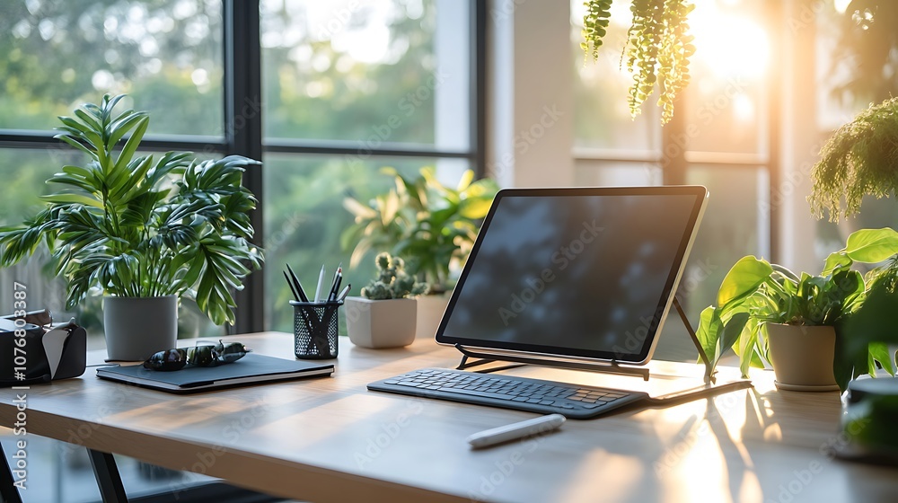 custom made wallpaper toronto digitalClean and modern workspace with a tablet stand and stylus on a smooth desk, bright natural lighting, minimalistic design, open and airy feel, simplicity and functionality emphasized. --ar 16:9