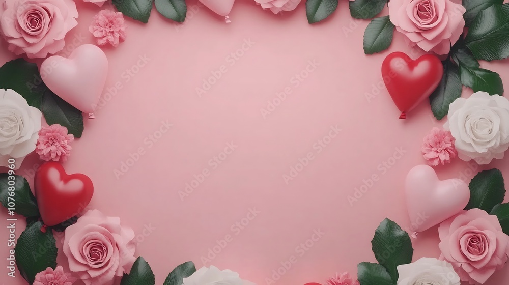 Romantic 3D of Roses and Heart Balloons Creating Valentine Frame Romantic 3D of Roses and Heart Balloons Creating Valentine Frame