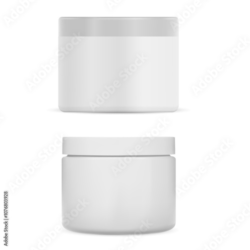 Cosmetic cream jar. White plastic container mockup. Face cream package clear template. Lotion jar mockup blank illustration. Luxury hand ointment pack for identity advertisement