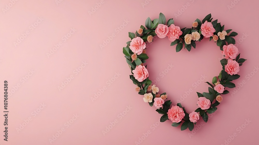 Heart-Shaped Floral Wreath on Pink Background,3D Heart-Shaped Floral Wreath on Pink Background,3D