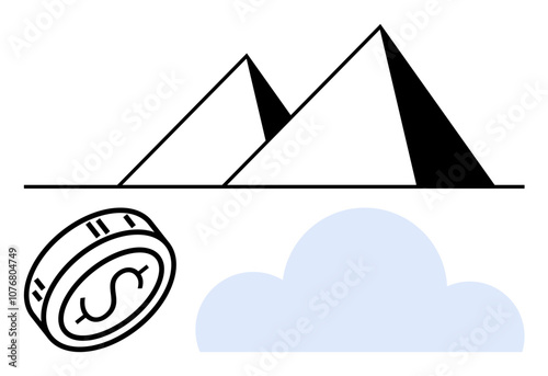 Stylized pyramids showcasing history and ambition coin representing wealth blue cloud indicating optimism. Ideal for travel, finance, history, ambition, clarity, investment, future planning. Line