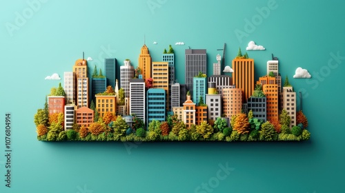 A colorful, stylized city skyline features tall buildings and greenery, set against a teal background, creating a vibrant urban landscape.