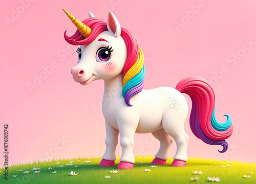 A drawn magical white unicorn with a mane and tail of different colors, the mane is painted in the colors of the rainbow.