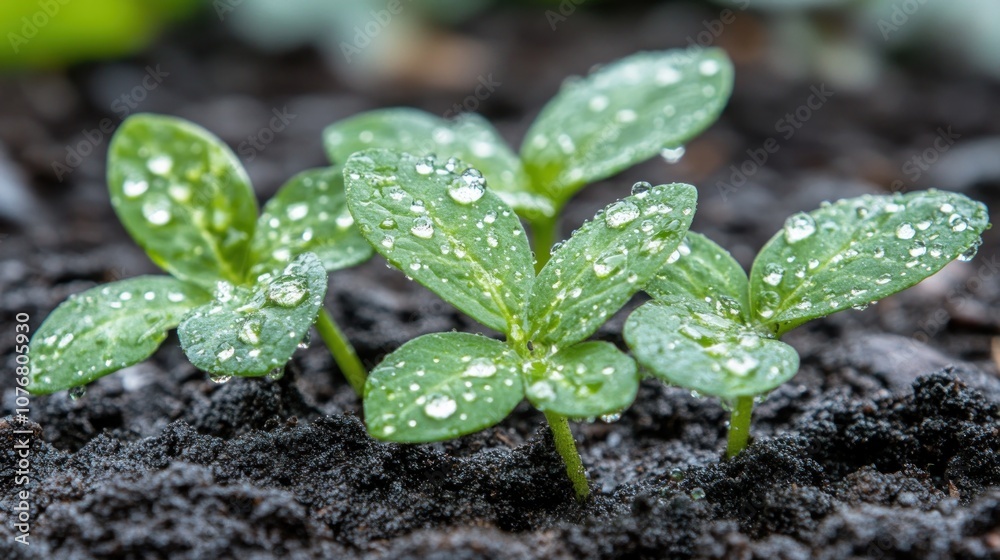 Fresh Green Seedlings with Water Droplets in Soil Fresh Green Seedlings with Water Droplets in Soil