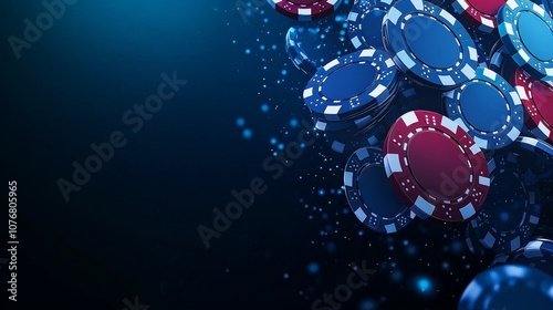 Floating Casino Poker Chips in Blue and Red Tones on Dark Background for Gaming, Luck, and Gambling Theme in Dramatic Lighting