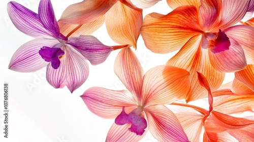 Delicate orchid petals in vibrant shades of purple and peach create a stunning floral composition, showcasing nature's intricate beauty on a pure white backdrop.