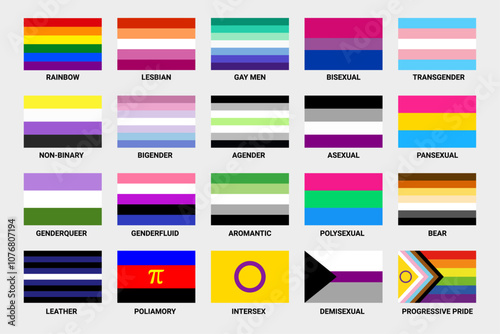 LGBT sexual identity pride flags collection. Rainbow lesbian gay bisexual transgender non binary. Vector format.