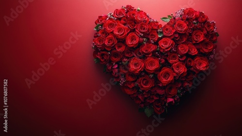 A heart-shaped display made of vibrant red roses is mounted against a rich, textured background, creating a romantic atmosphere ideal for celebrations or decorations.