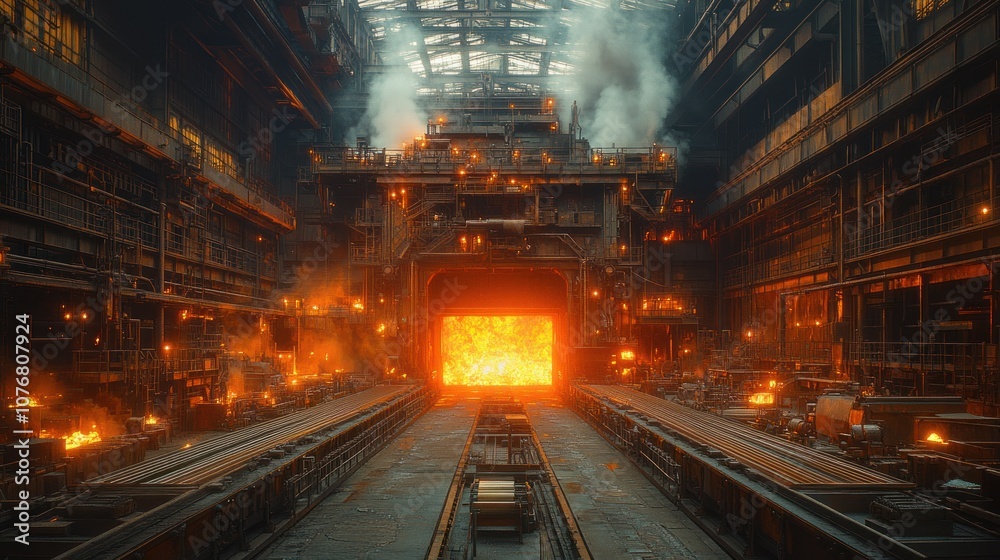 Fototapeta premium A fiery industrial scene depicting molten metal in a factory.