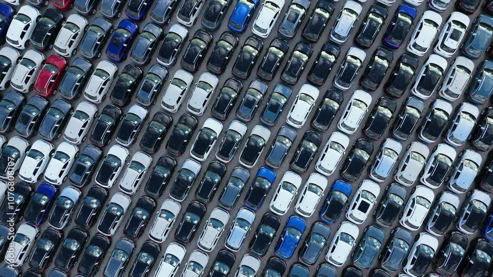 Colorful New Cars on Large Parking Lot in Port Ready for Distribution to Dealer. Automotive Industry Business. Aerial Overhead Top-Down Drone Shot. Moving Upwards, Rotation Colorful New Cars on Large Parking Lot in Port Ready for Distribution to Dealer. Automotive Industry Business. Aerial Overhead Top-Down Drone Shot. Moving Upwards, Rotation