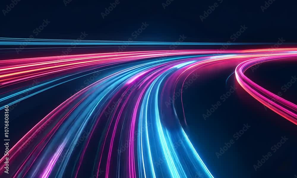 A vibrant, abstract depiction of illuminated curves and lines, evoking motion and speed, ideal for backgrounds or digital art.