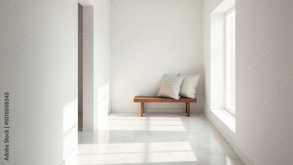Fototapeta premium Entryway accent pieces. A bright, minimal hallway with a wooden bench and decorative pillows. Sunlight pours through the window, highlighting the floor.