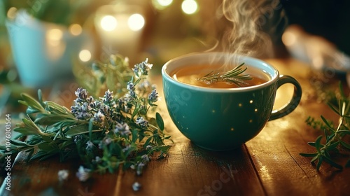 Cozy Herbal Tea Moment with Fresh Aromatic Herbs