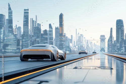 A futuristic scene featuring a sleek car driving on a modern road surrounded by towering, high-tech city skyscrapers. photo