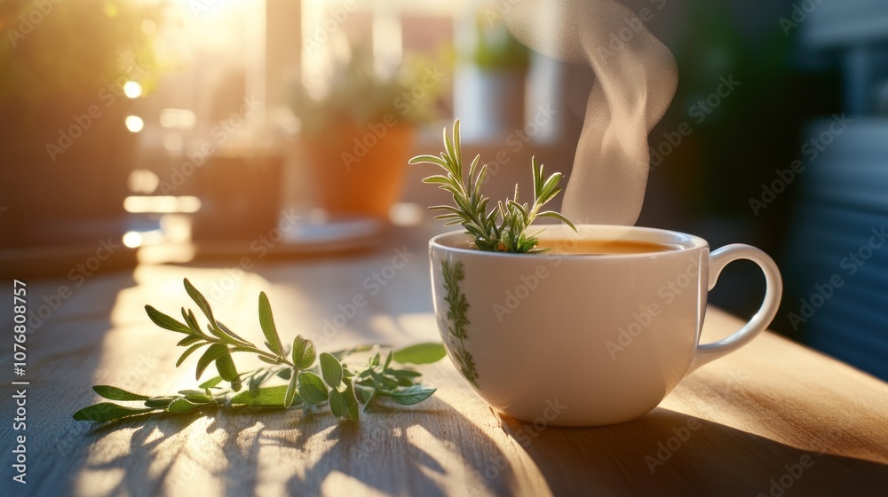 Steaming Cup of Herbal Tea With Fresh Greenery at Sunrise Steaming Cup of Herbal Tea With Fresh Greenery at Sunrise