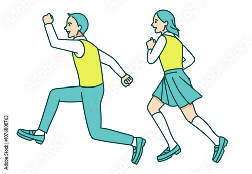 走者のように駆ける男子と女子。全身を描いた元気な学生たちのベクターイラスト素材。