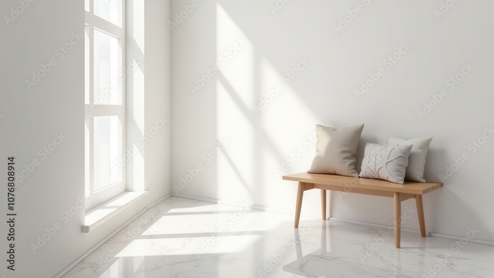 Fototapeta premium Entryway accent pieces. A bright, minimal hallway with a wooden bench and decorative pillows. Sunlight pours through the window, highlighting the floor.