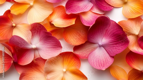 Vibrant hydrangea petals in shades of pink, orange, and red create a stunning floral mosaic, showcasing nature's palette in a close-up, artistic arrangement.