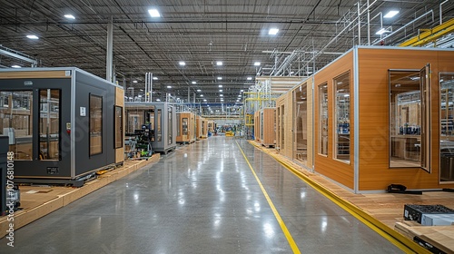 AI-powered machinery fabricating modular building components in a high-tech prefabrication facility. photo