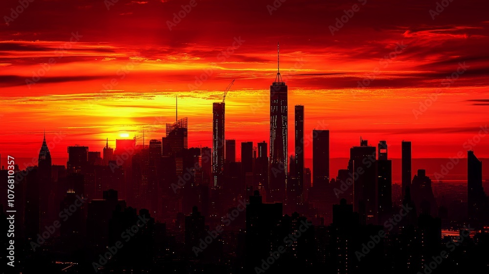 Fototapeta premium A fiery orange sunset over the New York City skyline, with the city's iconic skyscrapers silhouetted against the vibrant sky.
