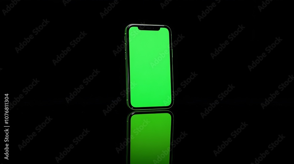 Mobile phone with green screen placed on a reflective black surface, creating a mirror effect Mobile phone with green screen placed on a reflective black surface, creating a mirror effect