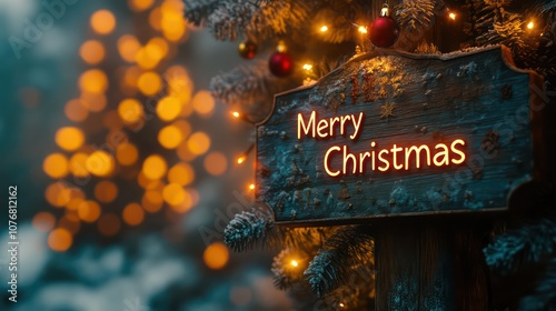 Inscription Merry Christmas on wooden sing, welcoming message. Blurred background with bokeh and lights