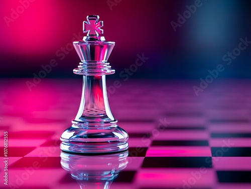 A glass chess piece sitting on top of a chess board photo