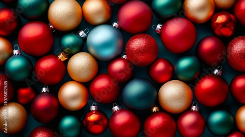A bunch of red and blue christmas ornaments on a blue background photo