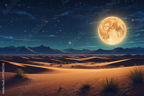 Anime style, vast desert with dunes glowing under moonlight, stars above, serene and spiritually reflective photo