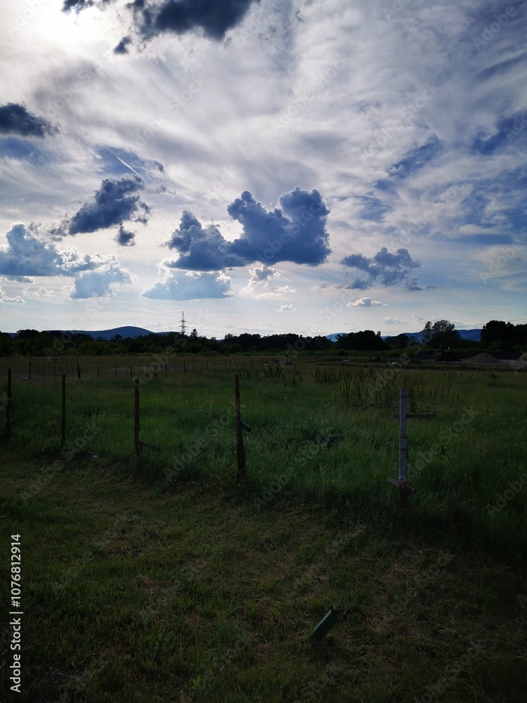 Obraz premium A serene landscape under a cloudy sky near a lush green field in the countryside during late afternoon