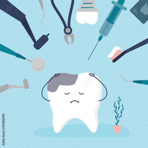 Scared tooth afraid of the dentist. Painful molar feeling unhappy, panic and fearful at dental check-up. Dentophobia, tooth stands under dental devices and tools.
