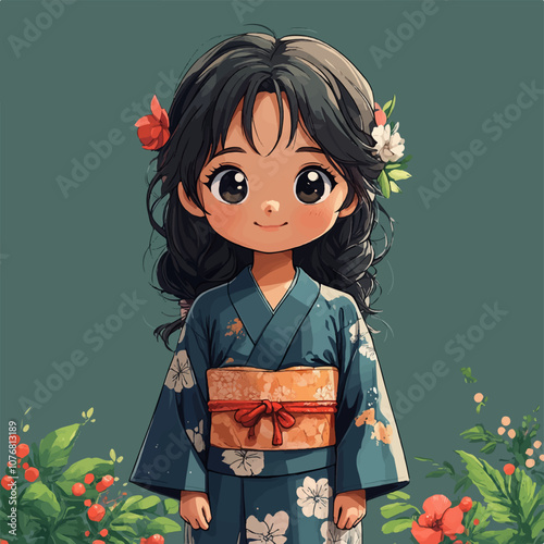 A cute chibi-style illustration of a young girl in a floral-patterned kimono, adorned with flowers in her long, wavy hair. The background features delicate greenery and flowers