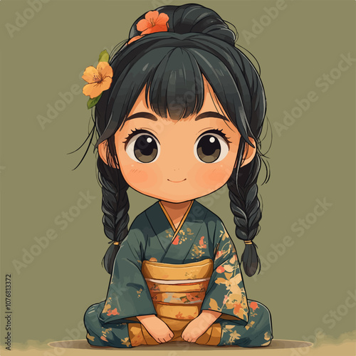 A cute chibi-style illustration of a young girl with braided hair, adorned with flowers, wearing a traditional Japanese kimono. She sits politely with a gentle smile against a soft background