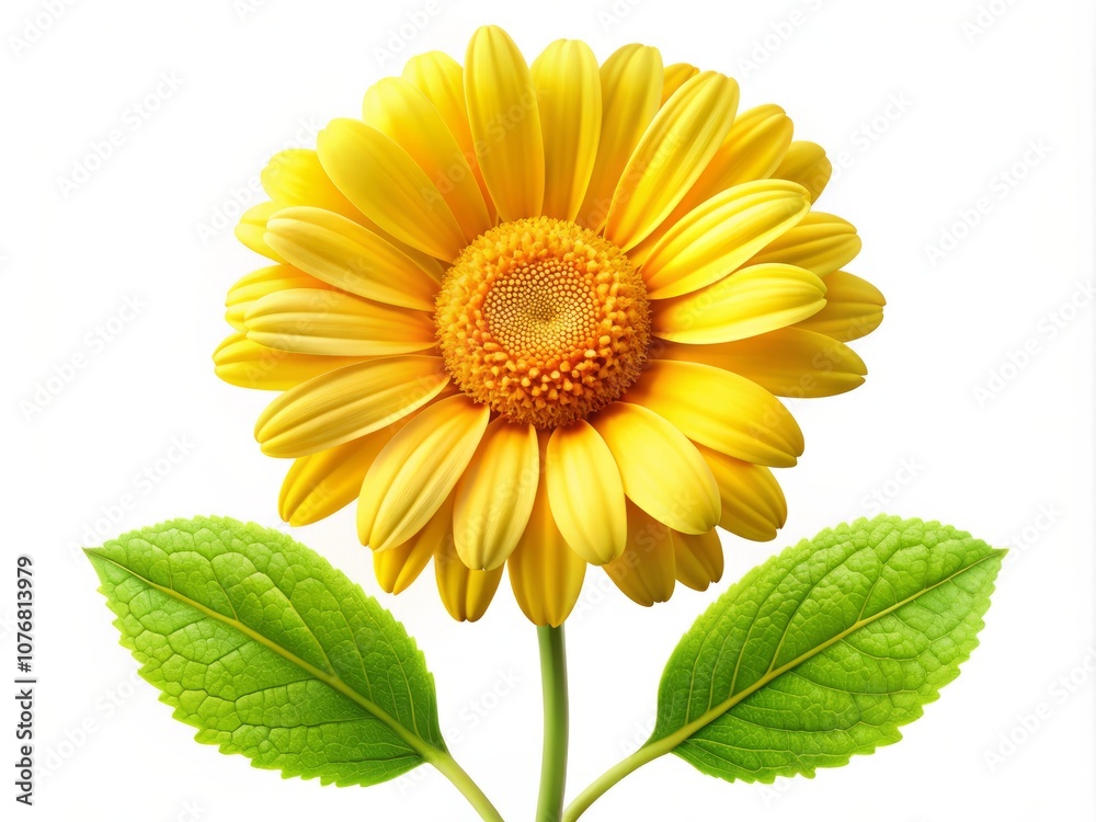 Obraz premium Illustration of a Bright Yellow Daisy Flower with Green Stem and Leaves on Clean White Background, Ideal for Spring and Summer Designs, Perfect for Floral Patterns and Seasonal Themes