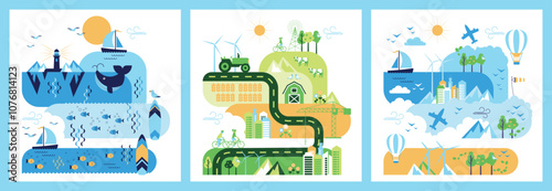 Vibrant and Colorful Vector Landscape Illustrations for Water, Sky and Land. Ideal for Travel and Exciting Adventure