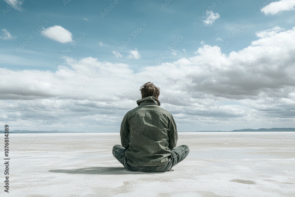 Fototapeta premium A man is sitting on the beach, looking out at the ocean
