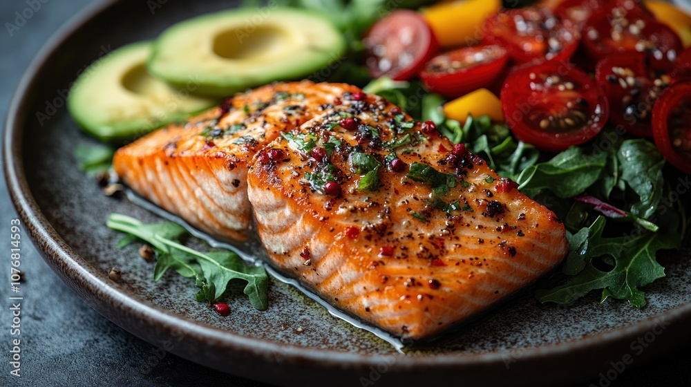 A vibrant plate of salmon with fresh vegetables and avocado. A vibrant plate of salmon with fresh vegetables and avocado.