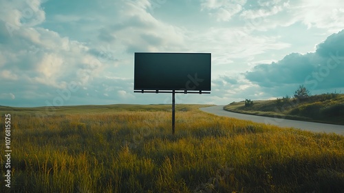 Blank billboard mockup standing on a grassy field beside a rural road photo