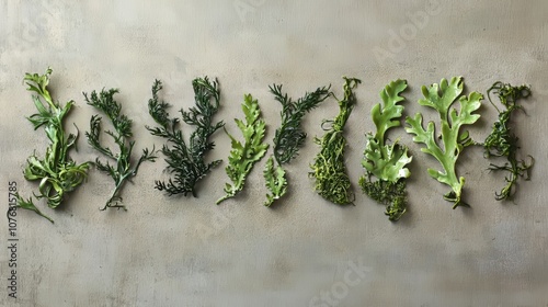 Seaweed arrangement on a table, still life photography Generative AI